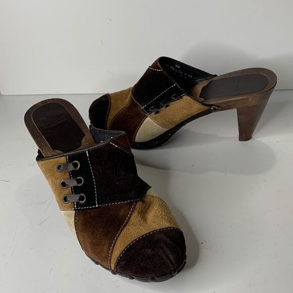 Coach Fallon brown patchwork suede wood heel clogs - Picture 1 of 8